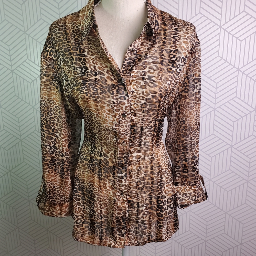 New Directions Leopard Button Down